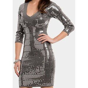 Marciano 3/4 sleeve bandage dress in gunmetal sequin